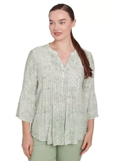 Petite Patchwork Silky Gauze Ruffled Henley Top