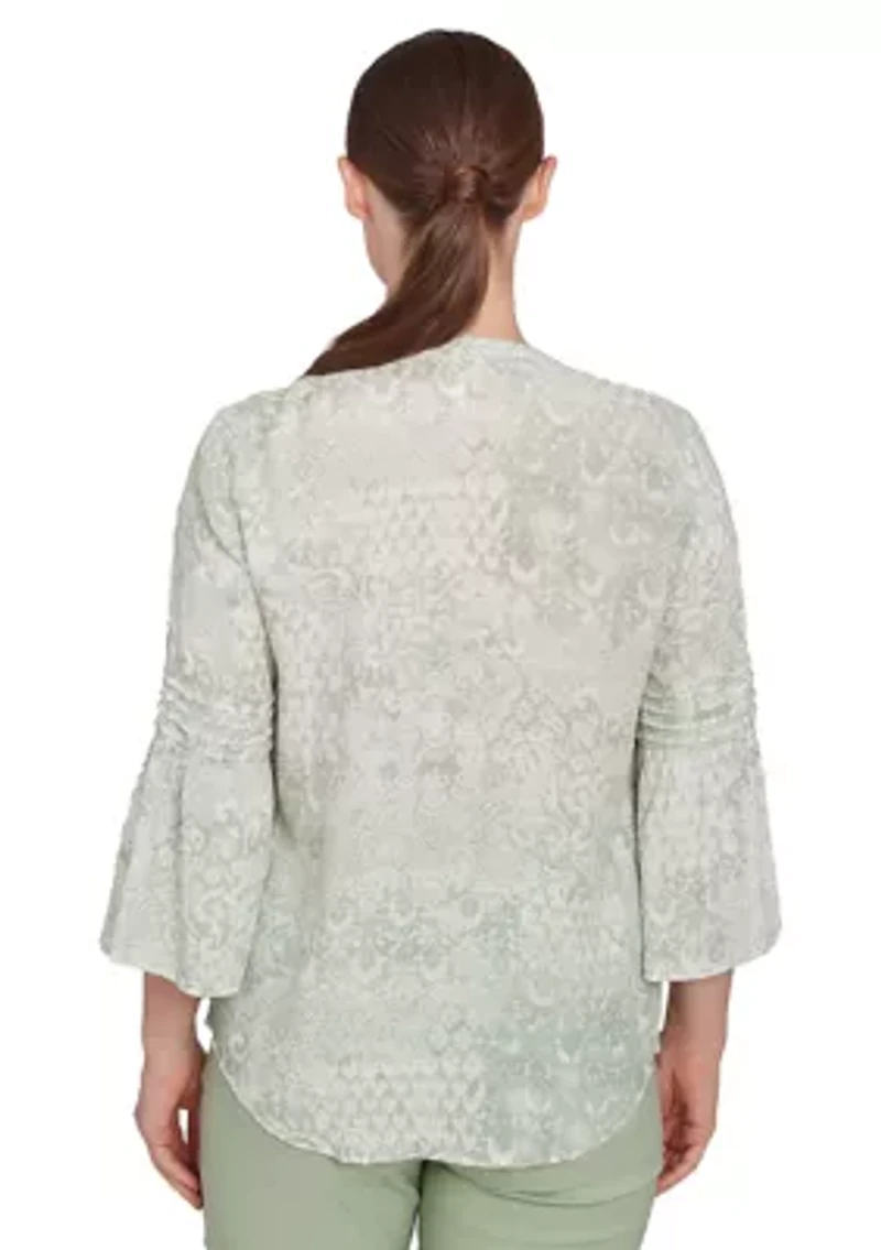 Petite Patchwork Silky Gauze Ruffled Henley Top