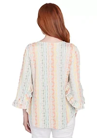 Petite Tropical Stripe Puff Print V-Neck Top