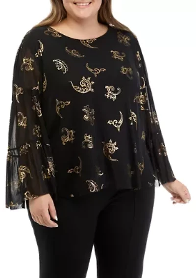 Plus Scoop Neck Scroll Foil Print Mesh Top
