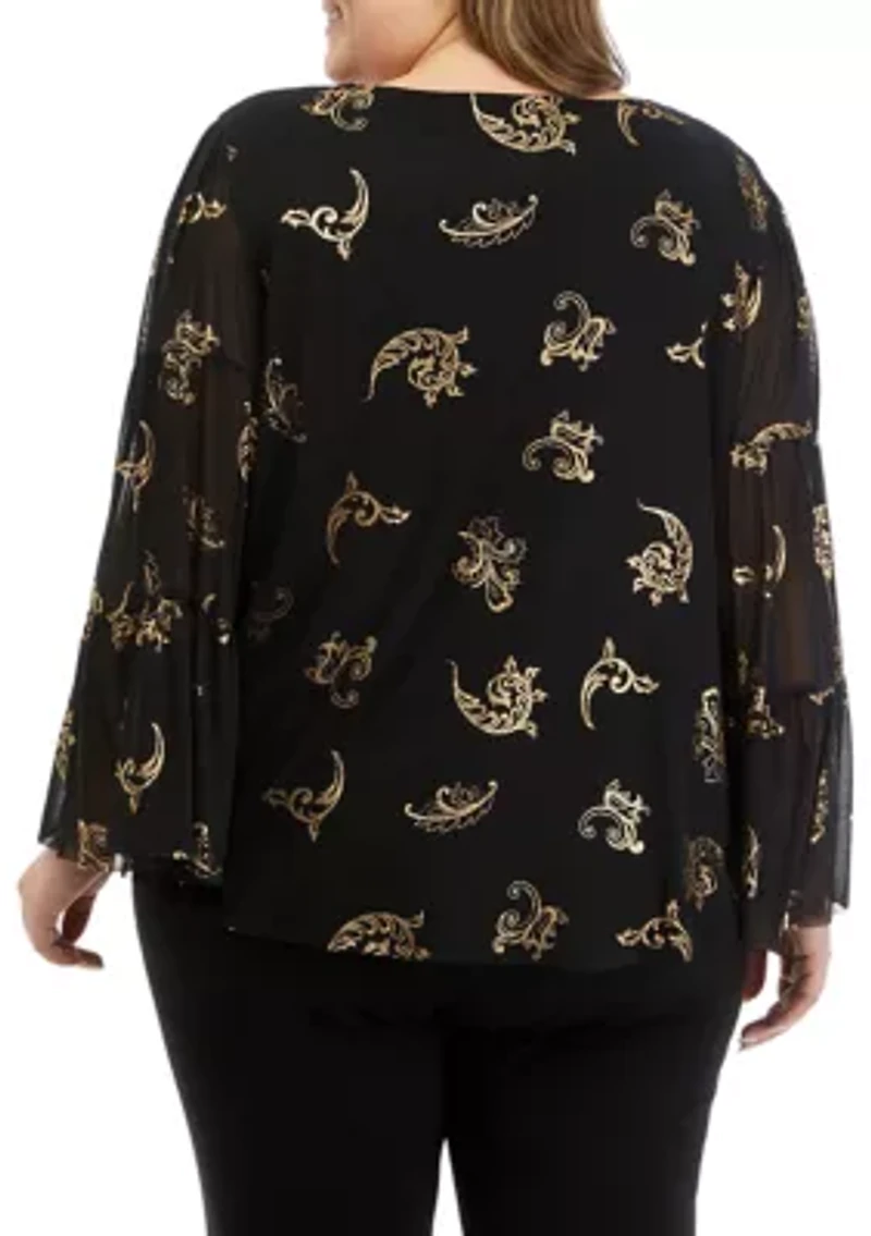 Plus Scoop Neck Scroll Foil Print Mesh Top