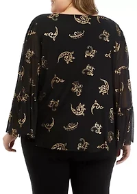 Plus Scoop Neck Scroll Foil Print Mesh Top