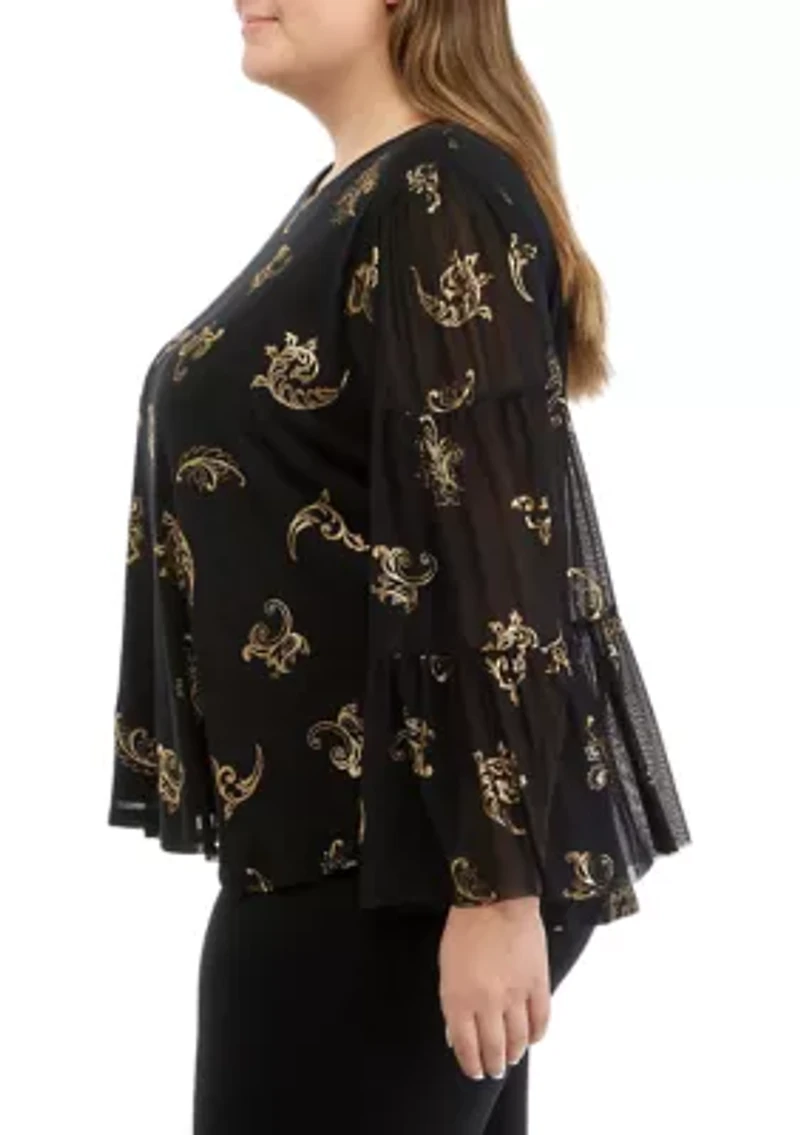 Plus Scoop Neck Scroll Foil Print Mesh Top