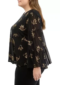 Plus Scoop Neck Scroll Foil Print Mesh Top