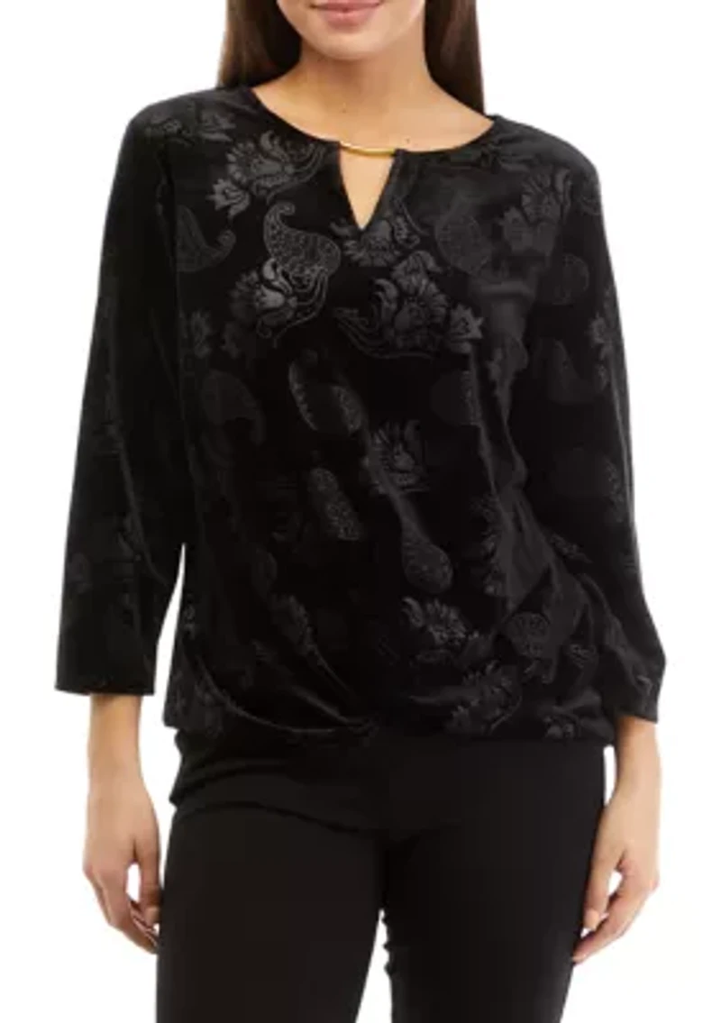 Petite Embossed Velour Floral Paisley Top