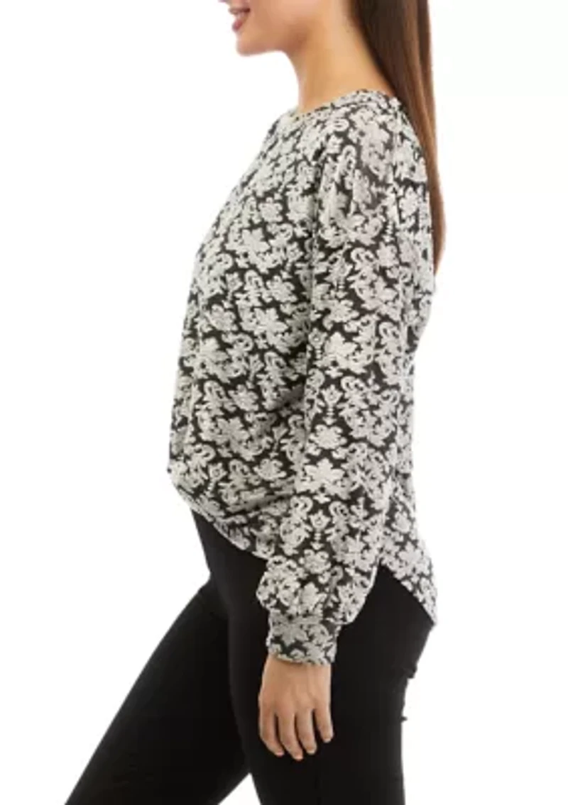 Petite Tapestry Print Textured Velour Top
