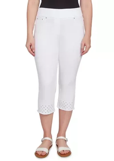 Women's Embroidered Hem Soft Stretch Denim Capri Pants