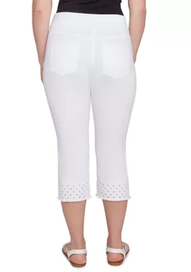 Women's Embroidered Hem Soft Stretch Denim Capri Pants