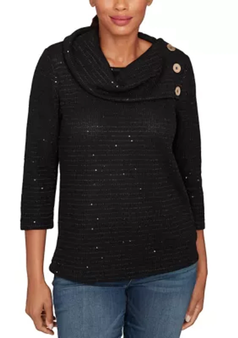 Women's Sequin Knit Top With Button Details