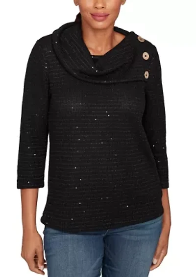 Women's Sequin Knit Top With Button Details