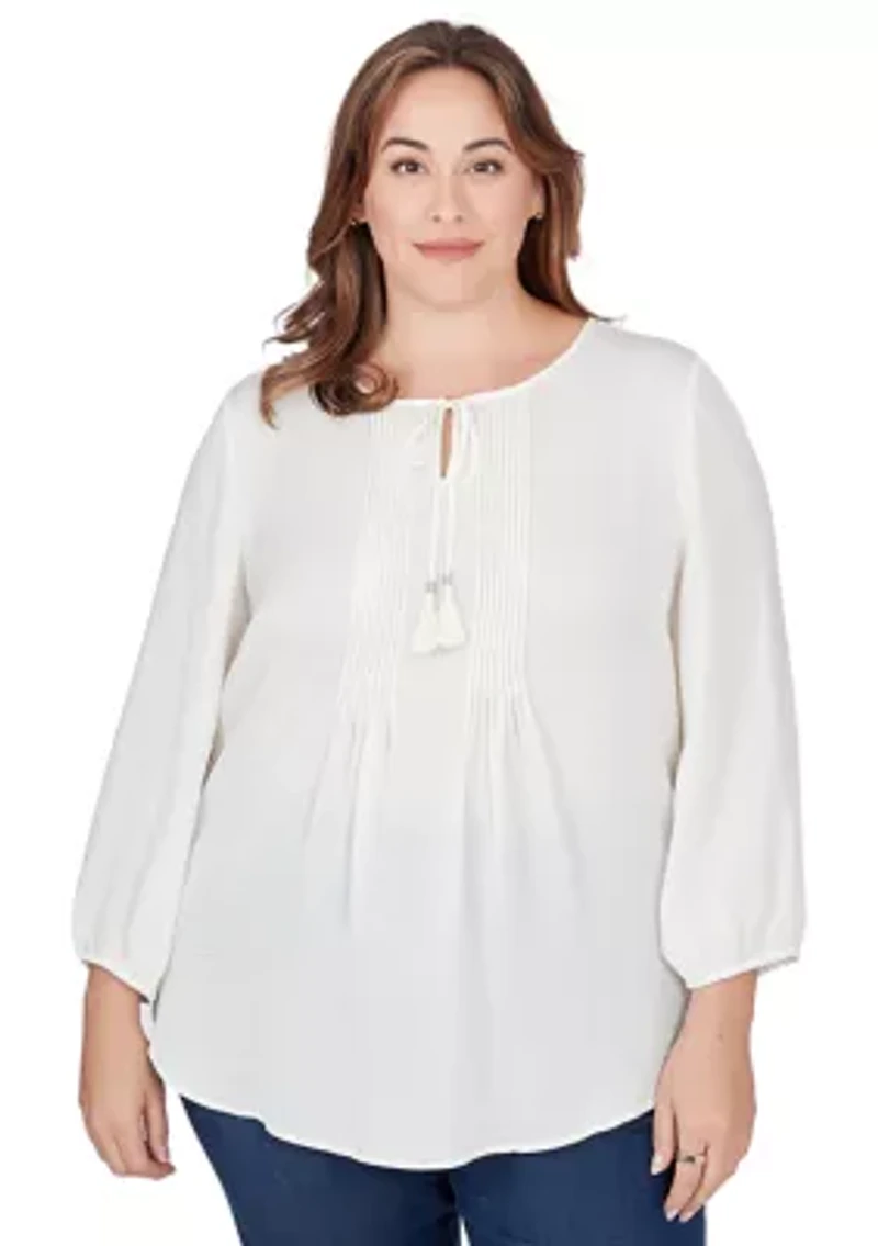Plus Crinkled Satin Keyhole Neck Peasant Top