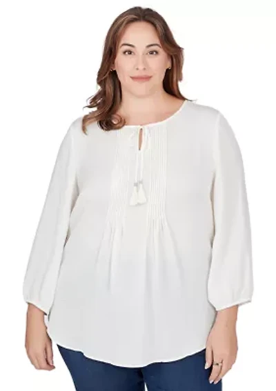 Plus Crinkled Satin Keyhole Neck Peasant Top