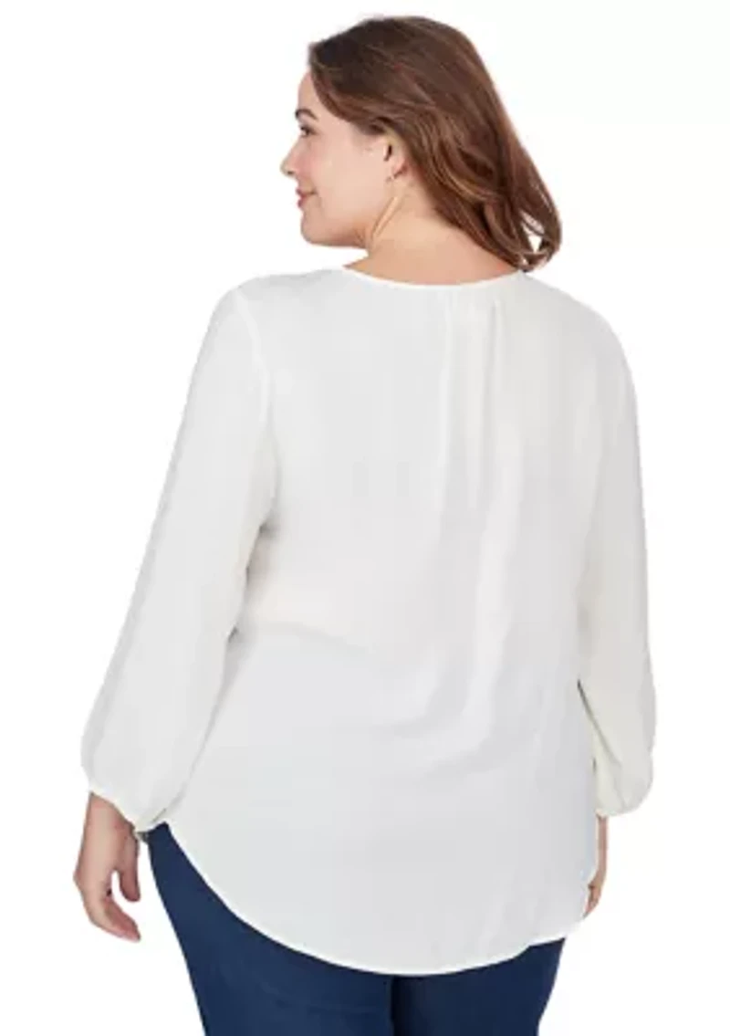 Plus Crinkled Satin Keyhole Neck Peasant Top
