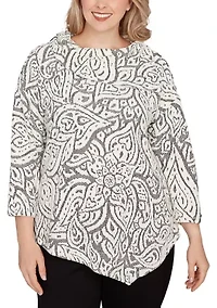 Plus Paisley Jacquard Asymmetric Hem Knit Top
