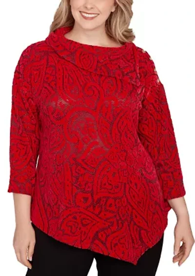 Plus Paisley Jacquard Asymmetric Hem Knit Top