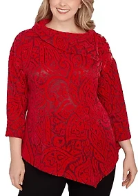 Plus Paisley Jacquard Asymmetric Hem Knit Top