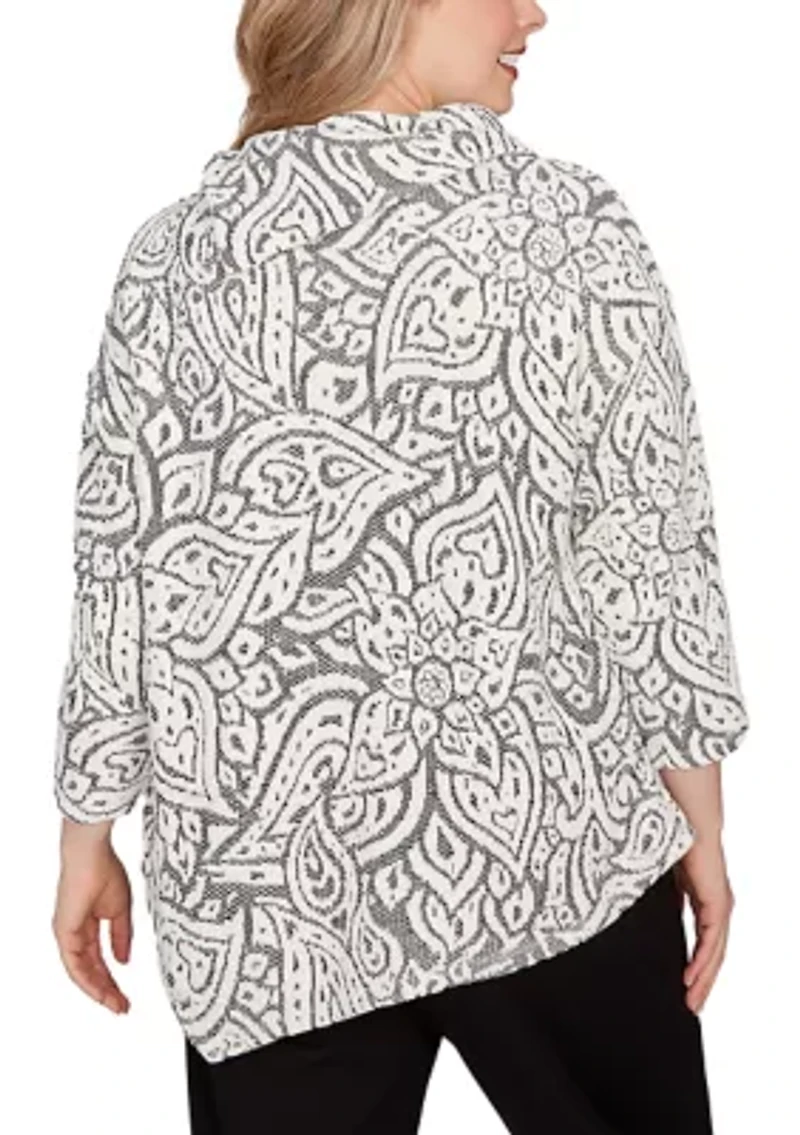 Plus Paisley Jacquard Asymmetric Hem Knit Top