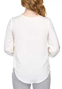 Petite Crinkled Satin Tie-Neck Peasant Top