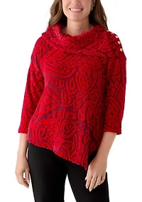 Petite Paisley Jacquard Asymmetric Hem Knit Top