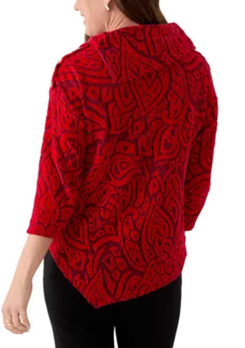 Petite Paisley Jacquard Asymmetric Hem Knit Top