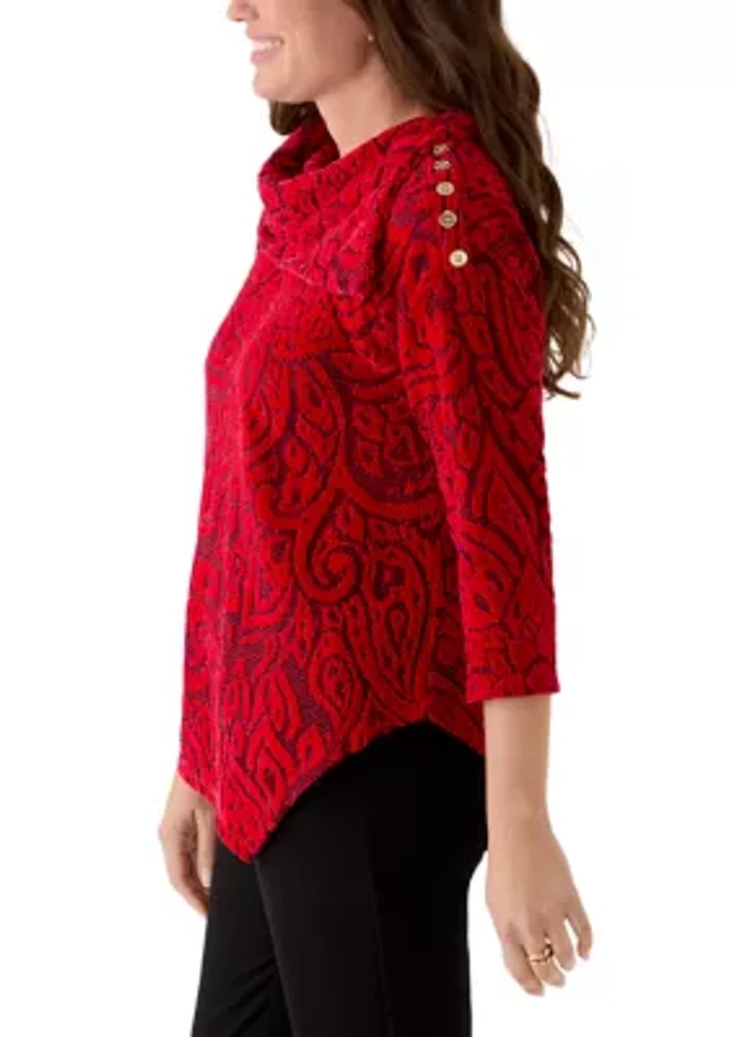 Petite Paisley Jacquard Asymmetric Hem Knit Top