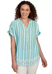 Women's Scalloped Stripe Embroidered Tie Sleeve T-Shirt