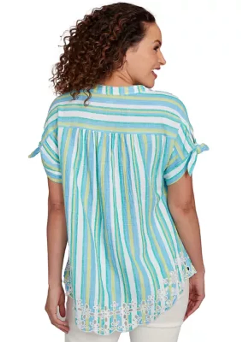 Women's Scalloped Stripe Embroidered Tie Sleeve T-Shirt