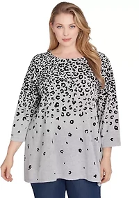 Plus Boat Neck Flocked Animal Print Hacci Knit Shark Bite Top