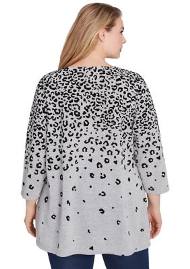 Plus Boat Neck Flocked Animal Print Hacci Knit Shark Bite Top