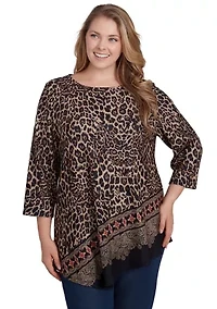 Plus Boat Neck Animal Printed Hacci Knit Top with Asymmetric Paisley Border Print Hem