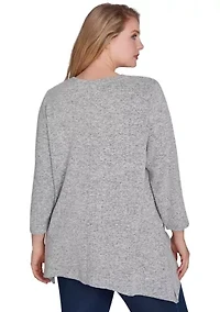 Plus Scoop Neck Solid Hacci Knit Shark Bite Top with Fabric Splicing Detail