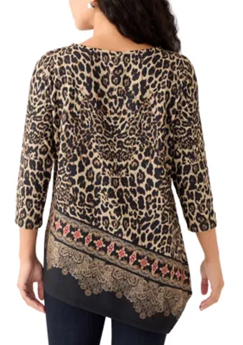 Petite Animal Printed Hacci Knit Top with Asymmetric Paisley Border Print Hem
