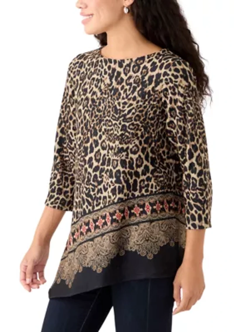 Petite Animal Printed Hacci Knit Top with Asymmetric Paisley Border Print Hem