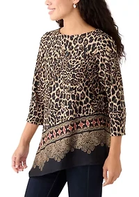 Petite Animal Printed Hacci Knit Top with Asymmetric Paisley Border Print Hem