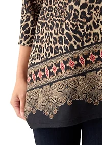 Petite Animal Printed Hacci Knit Top with Asymmetric Paisley Border Print Hem