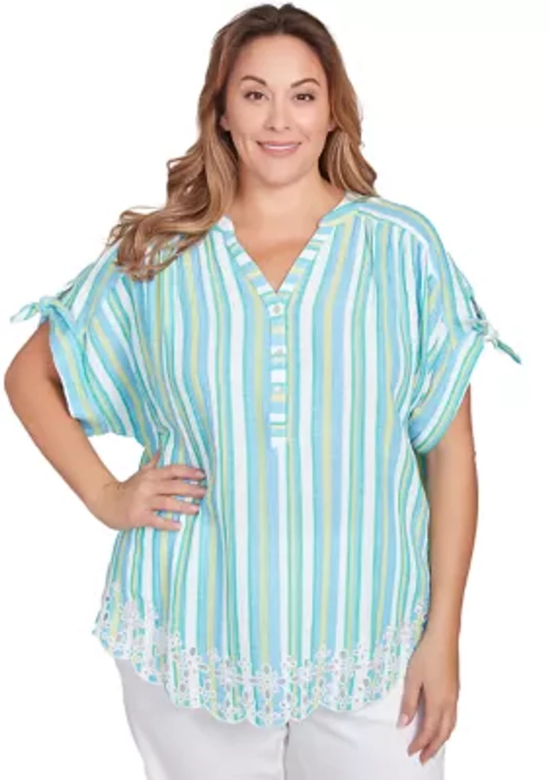 Plus Scalloped Stripe Embroidered Tie Sleeve T-Shirt