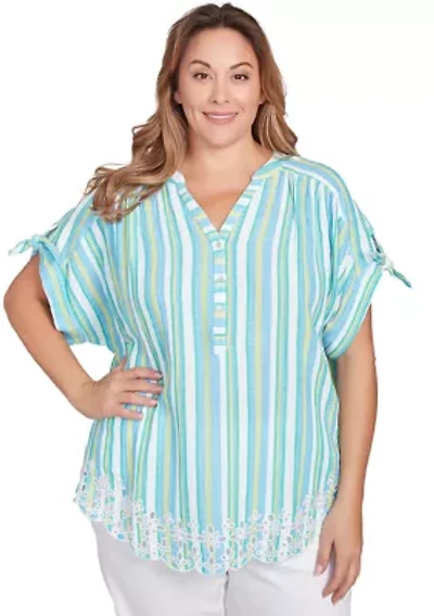 Plus Scalloped Stripe Embroidered Tie Sleeve T-Shirt