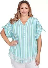 Plus Scalloped Stripe Embroidered Tie Sleeve T-Shirt