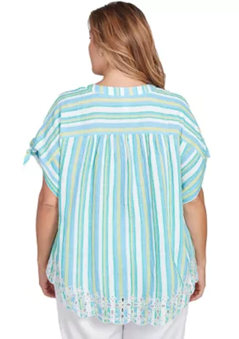 Plus Scalloped Stripe Embroidered Tie Sleeve T-Shirt