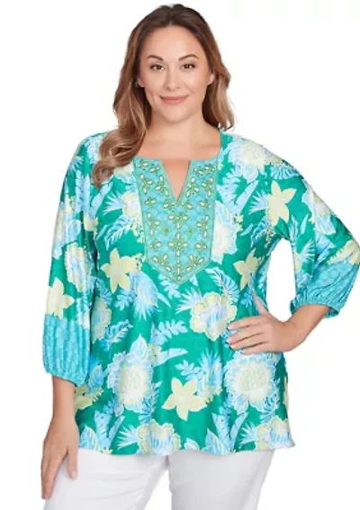 Women's Scoop Neck Embellished Floral Print Knit Top
