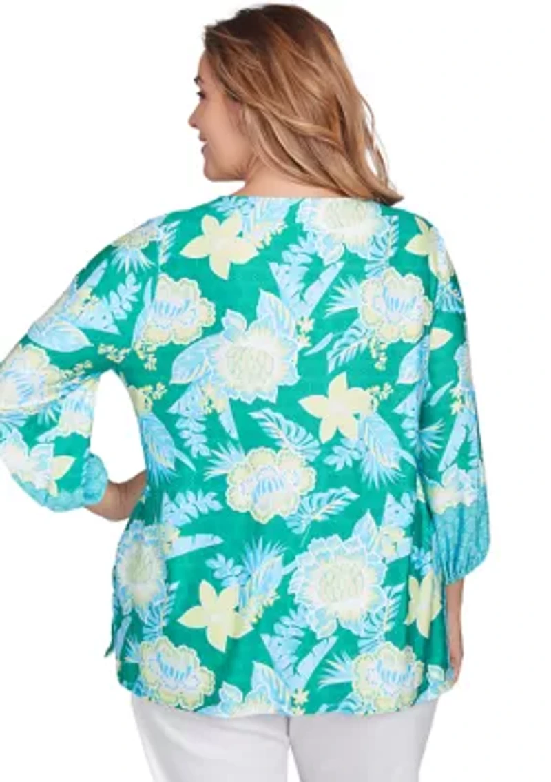 Women's Scoop Neck Embellished Floral Print Knit Top
