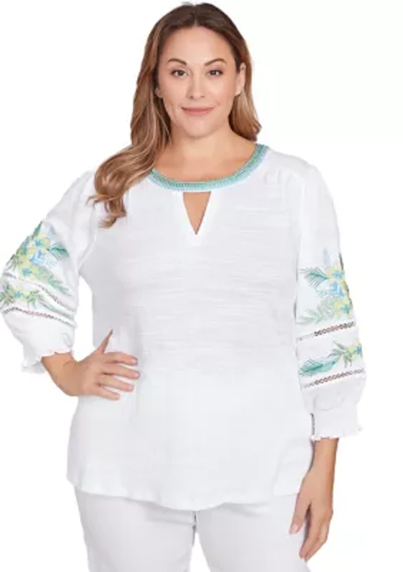 Plus Solid Embroidered Textured Knit Top
