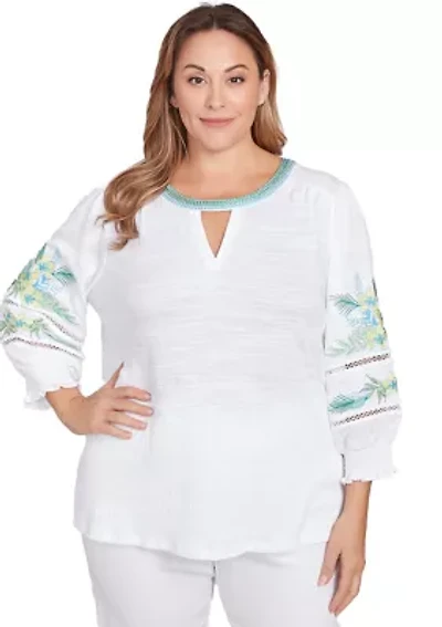 Plus Solid Embroidered Textured Knit Top