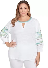 Plus Solid Embroidered Textured Knit Top