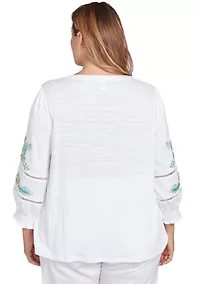 Plus Solid Embroidered Textured Knit Top