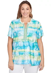 Plus Batik Embroidered Tie Dye Puff Print T-Shirt
