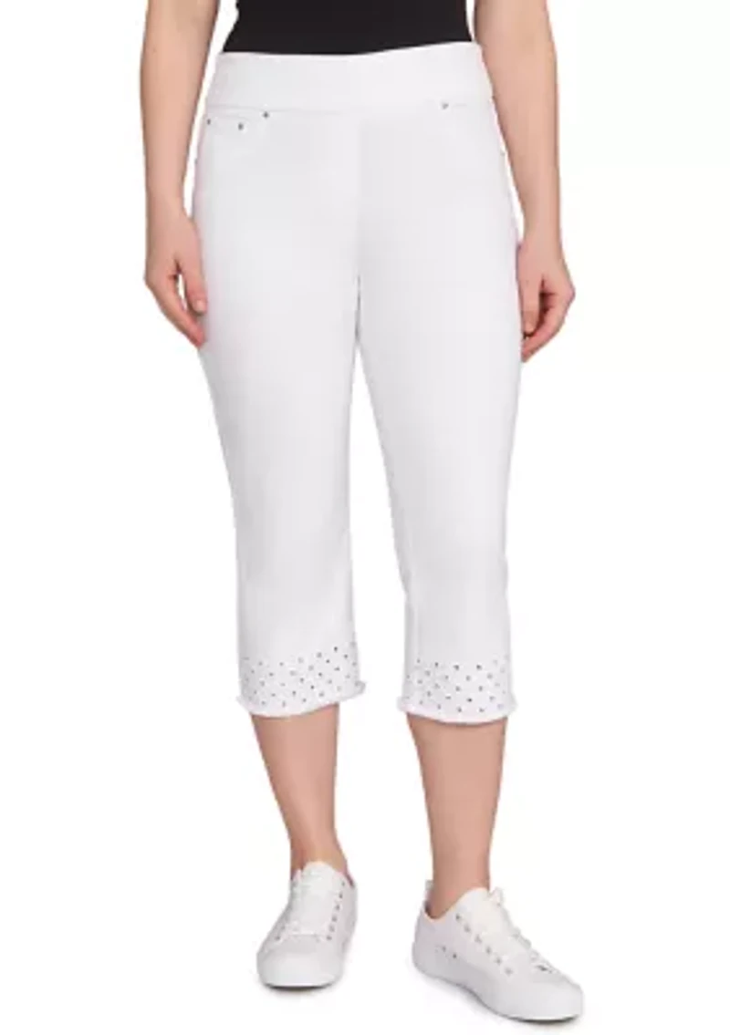 Petite Pull On Embroidered Hem Soft Stretch Denim Capri Pants