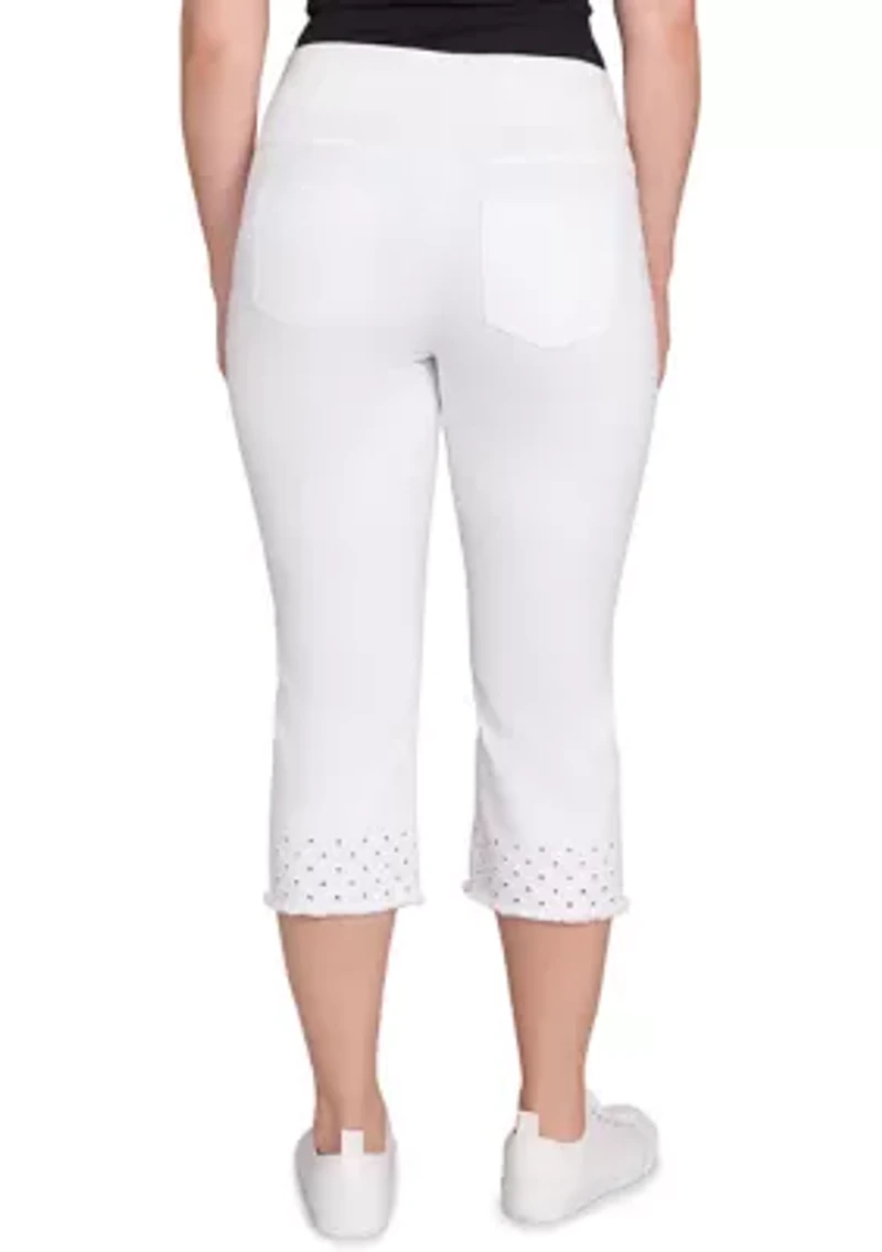 Petite Pull On Embroidered Hem Soft Stretch Denim Capri Pants