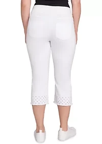 Petite Pull On Embroidered Hem Soft Stretch Denim Capri Pants