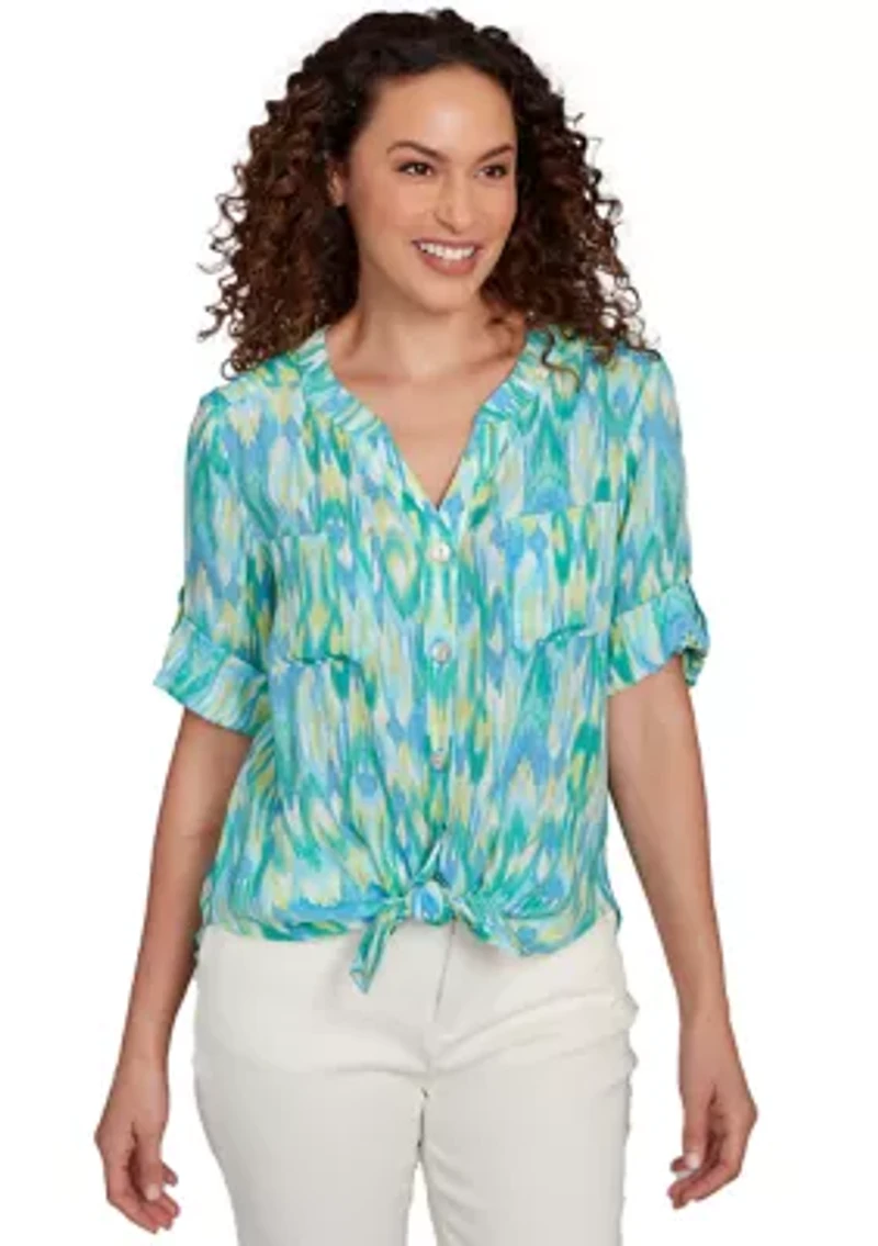 Petite Paradise Ikat Button Tie Front Top